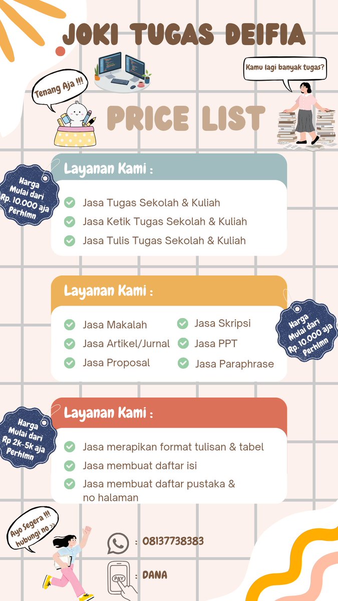 Dellaalifi32604's tweet photo. Open joki tugas, makalah, artikel, esay, proposal, dan skripsi + praperase.
Buat yang lagi banyak tugas atau yang lagi bingung ngerjain tugas kita bisa bantu ya☺️, hubungi aja no yang tertera insyaallah amanah🙏 #jokitugaskuliah #jokiskripsi #jokitugasmurah #jokitugas #zonauan https://t.co/Y2XoINM5Y1