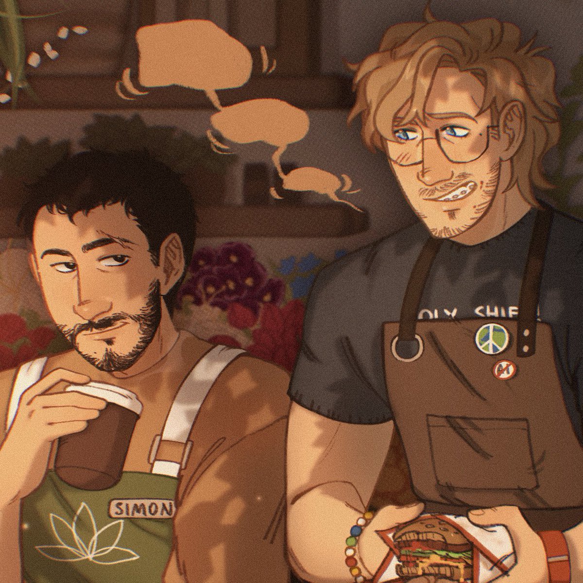 willowaterrs's tweet photo. day 3, lunch break 🍔 

grace is a college student and works part-time at a local cafe
simon served at us military and after sustaining an injury went back to his hometown and works at his mom’s flower shop
and the two businesses are right next door to each other 🤭
#bloodymary https://t.co/ubf8HK90xW