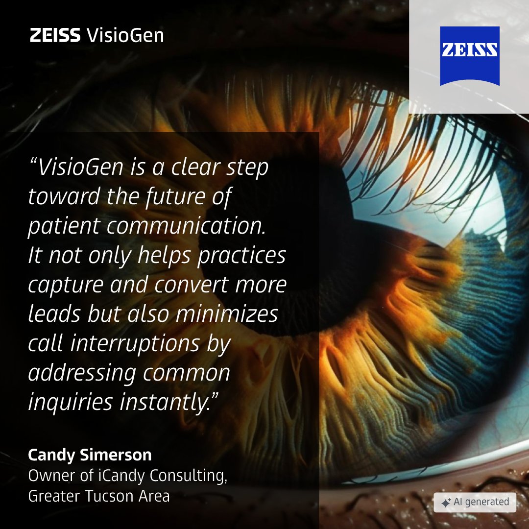 ZEISSVisioGen's tweet photo. Same patient questions. Different opportunity.

What if routine inquiries could be handled without constantly interrupting your front desk?

As Candy Simerson, puts it: “VisioGen helps practices capture more leads while reducing interruptions from routine patient inquiries.”

More leads. Fewer interruptions.

Want to see what ZEISS VisioGen could do for your practice? Talk to us: https://t.co/woNtxu15di

#ZEISSVisioGen #Ophthalmology #PracticeGrowth #PatientEngagement