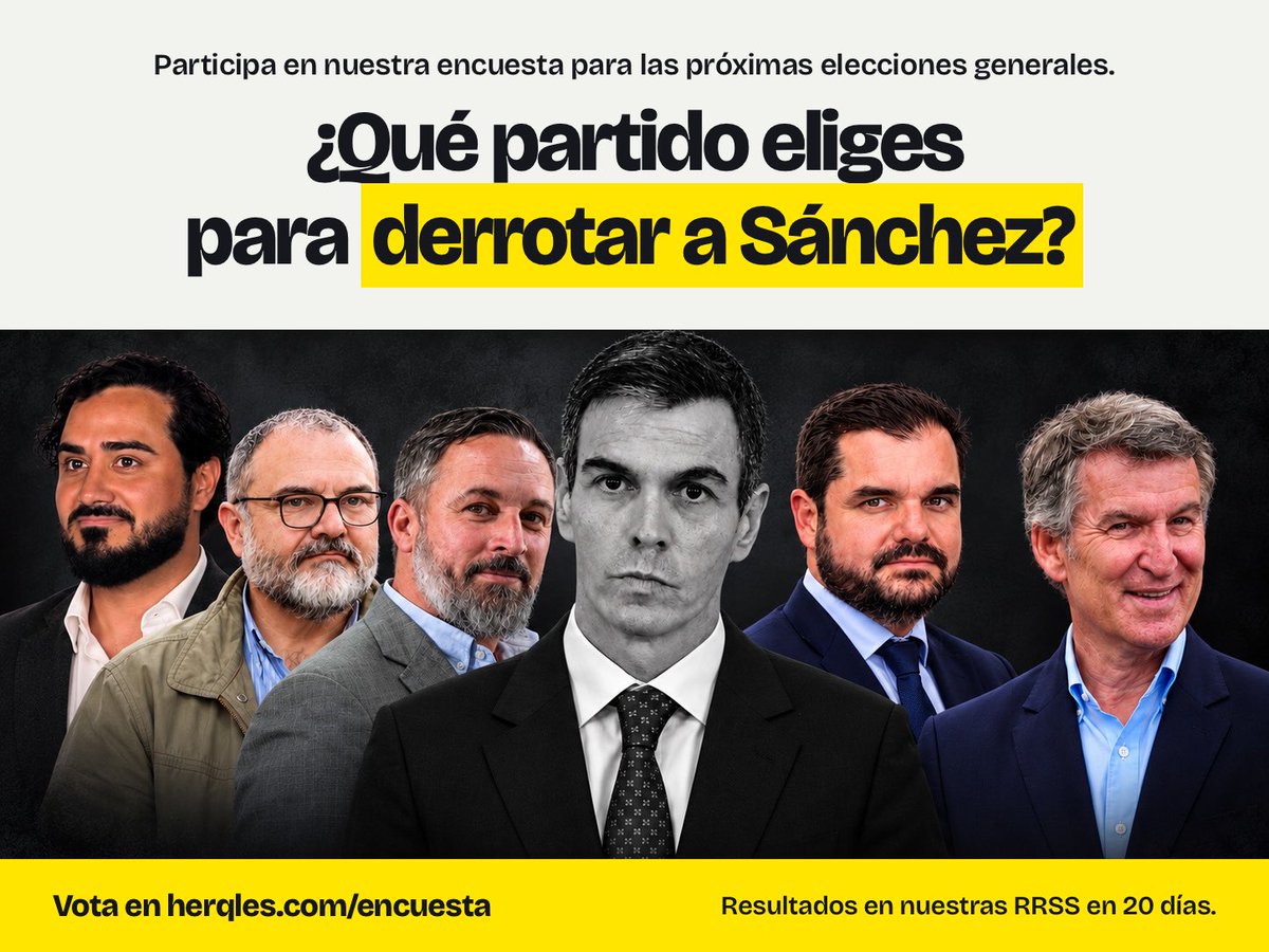 herqles_es's tweet photo. 🇪🇸 #29N | Participa ya en nuestra encuesta para las próximas elecciones generales españolas de noviembre: 

¿Qué partido político escogerás para derrotar a Sánchez?

🔗 https://t.co/9HOKe822LU

(Publicaremos el resultado en nuestras RRSS y página web el día 26 de octubre) https://t.co/p5Vv8aQaa0