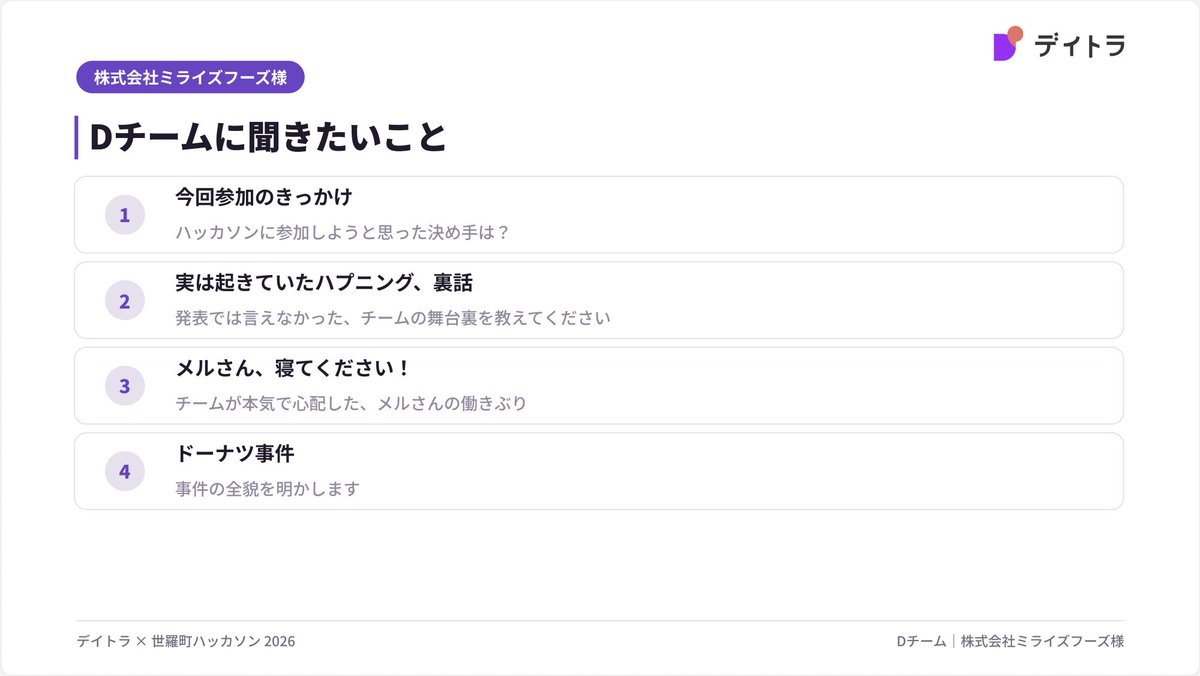 世羅町のハッカソンの
お疲れさま会開催していただき、
ありがとうございました🥹

またみなさんとワイワイできて
嬉しかったです！🥹

同じ方向に向かって、
一緒に一晩を共にした仲間は
なんか特別な気がするのは私だけ？😂💓

#デイトラ
#ハッカソン