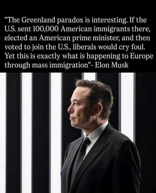 Sassafrass_84's tweet photo. Elon nailed the double standard.

If we shipped 100,000 Americans to Greenland, elected an American prime minister, and voted the place into the U.S., the left would lose their minds. Do that to Europe through mass immigration and they call it progress.

Same playbook here. Import the votes. Change the country. Then act shocked when the natives notice.

Europe is the warning. November is the off-ramp.

Vote Republican. 🇺🇸🇺🇸🇺🇸