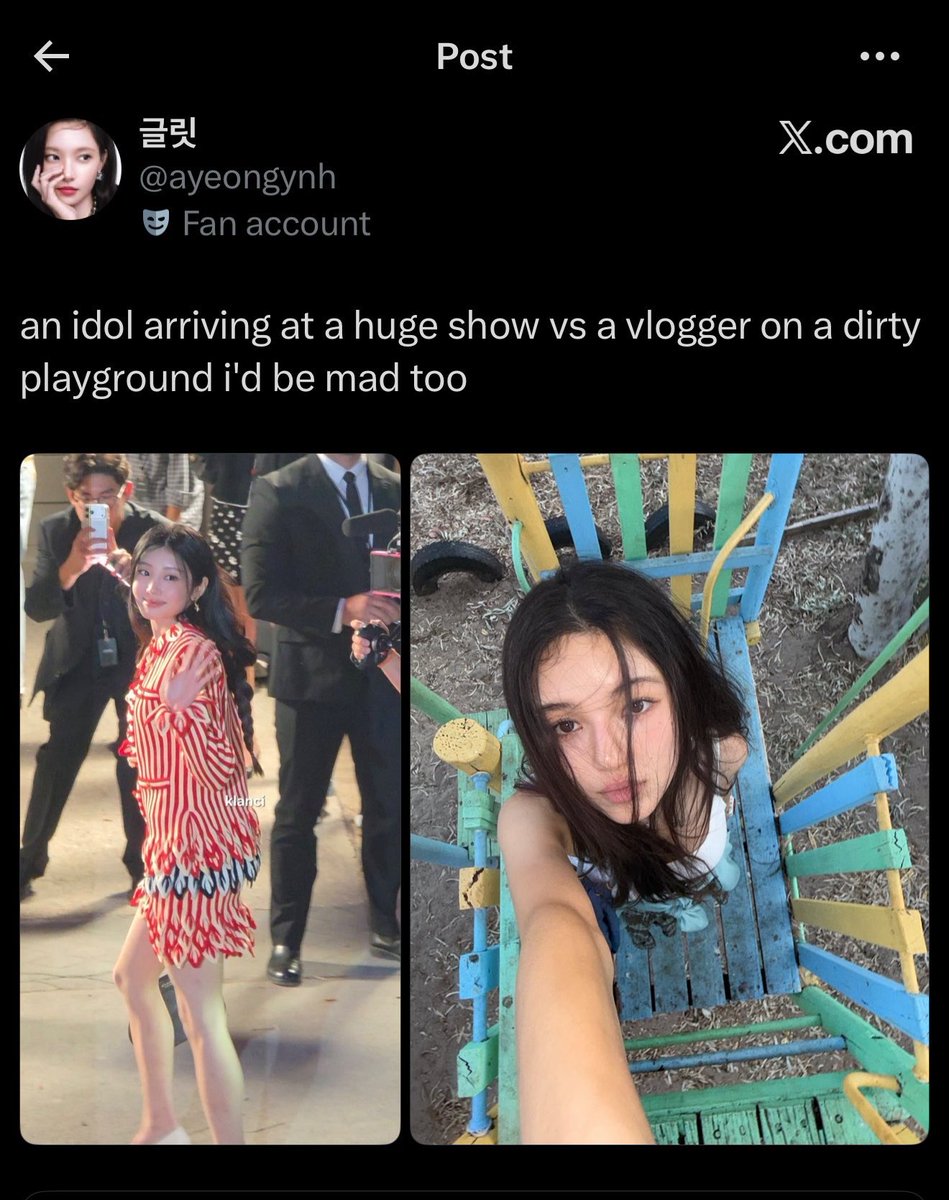 dittokja's tweet photo. yeah i’d be mad too if a vlogger on a dirty playground was effortlessly mogging my idol who’s fully dressed up attending a big event https://t.co/AqkC0h3HRj