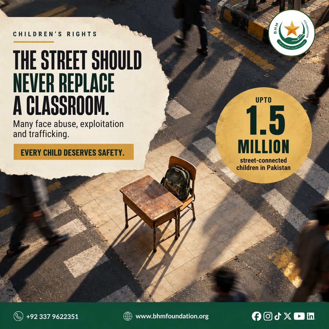 BHMFoundation's tweet photo. Up to 1.5 million street-connected children in Pakistan face abuse and exploitation. The street should never replace a classroom.
#ChildRightsPakistan #BHMFoundation https://t.co/FjAoYhUcbx