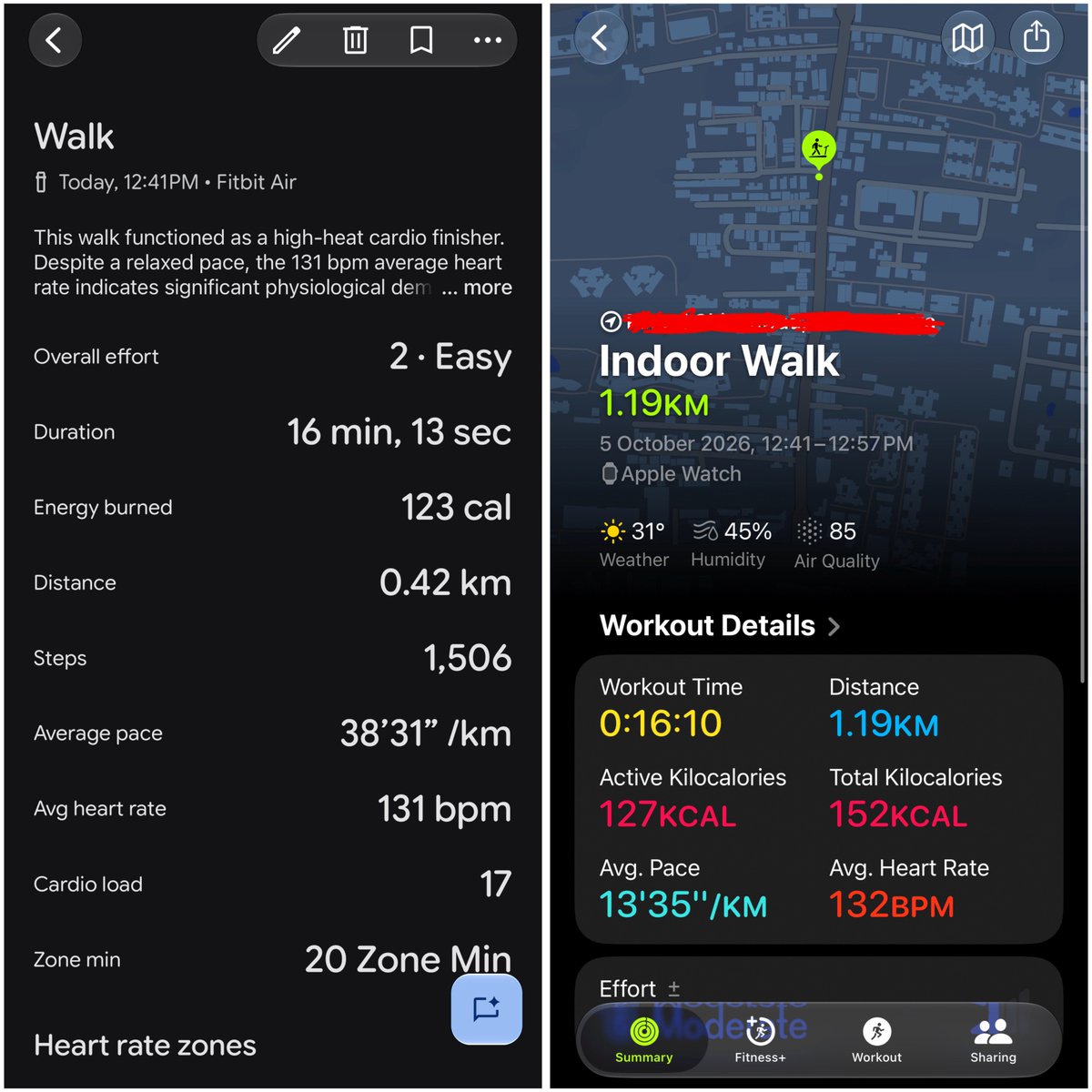 ShishirShelke1's tweet photo. Fitbit Air update:
A full day of wearing both my Apple Watch and Fitbit Air.
Distance tracking has been completely inaccurate for me.
1st case: 16min cardio after my workout, just a treadmill walk. Fitbit Air counted the distance significantly lower than my Apple Watch, which matched the treadmill.
2nd case: 30min evening walk. Since Fitbit Air doesn’t have built-in GPS, I have to carry my phone with me. But I noticed the GPS trace wasn’t accurate. The route I take has poor network reception in some areas, which could have affected the tracking. Fitbit ended up logging just 0.43km while Apple Watch logged 3km.
Overall, the distance data has been way off, both on the treadmill and outdoors, at least in my case.
I’ll try testing it on a different route to see if it tracks the distance accurately.