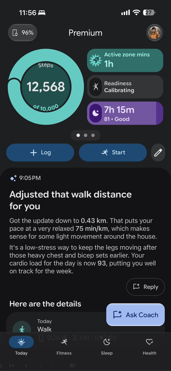 ShishirShelke1's tweet photo. Fitbit Air update:
A full day of wearing both my Apple Watch and Fitbit Air.
Distance tracking has been completely inaccurate for me.
1st case: 16min cardio after my workout, just a treadmill walk. Fitbit Air counted the distance significantly lower than my Apple Watch, which matched the treadmill.
2nd case: 30min evening walk. Since Fitbit Air doesn’t have built-in GPS, I have to carry my phone with me. But I noticed the GPS trace wasn’t accurate. The route I take has poor network reception in some areas, which could have affected the tracking. Fitbit ended up logging just 0.43km while Apple Watch logged 3km.
Overall, the distance data has been way off, both on the treadmill and outdoors, at least in my case.
I’ll try testing it on a different route to see if it tracks the distance accurately.