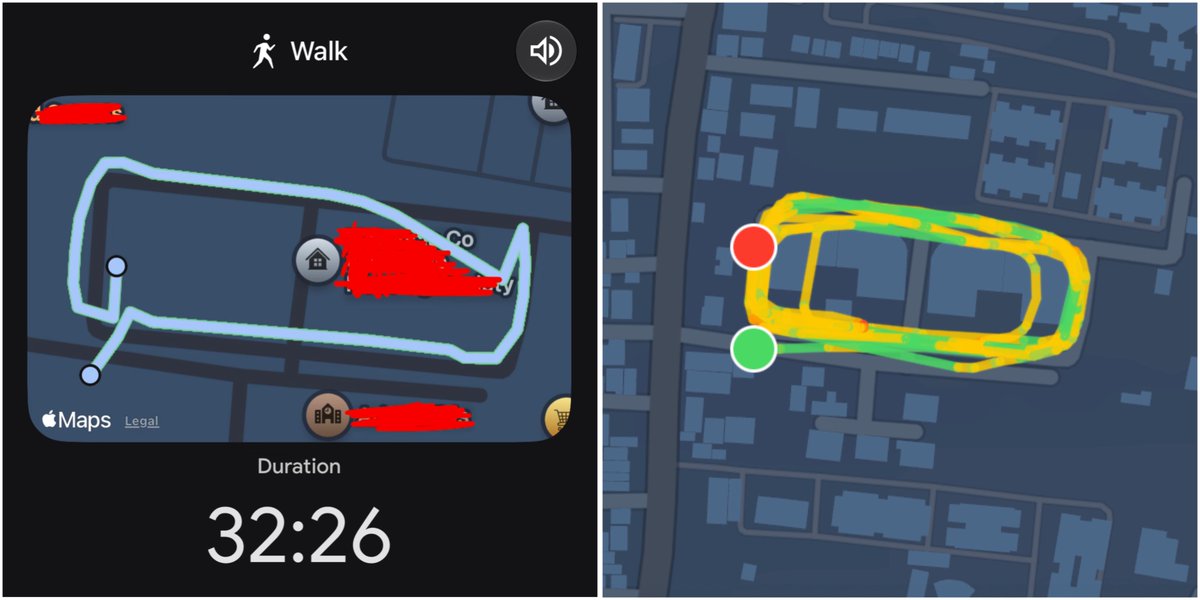 ShishirShelke1's tweet photo. Fitbit Air update:
A full day of wearing both my Apple Watch and Fitbit Air.
Distance tracking has been completely inaccurate for me.
1st case: 16min cardio after my workout, just a treadmill walk. Fitbit Air counted the distance significantly lower than my Apple Watch, which matched the treadmill.
2nd case: 30min evening walk. Since Fitbit Air doesn’t have built-in GPS, I have to carry my phone with me. But I noticed the GPS trace wasn’t accurate. The route I take has poor network reception in some areas, which could have affected the tracking. Fitbit ended up logging just 0.43km while Apple Watch logged 3km.
Overall, the distance data has been way off, both on the treadmill and outdoors, at least in my case.
I’ll try testing it on a different route to see if it tracks the distance accurately.