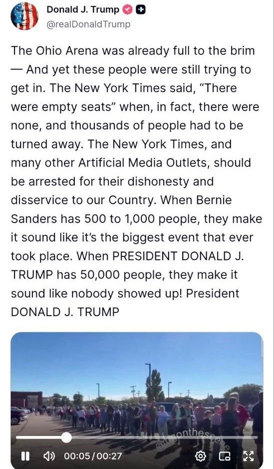 mikangumi2011's tweet photo. 日本の害悪メディアも人道に対する罪と反逆罪で逮捕されるべきだ😤

💬トランプ「(3日前に演説を行った)オハイオ・アリーナは既に満員だった。それでもなお人々は入場しようとしていた。

ニューヨーク・タイムズは、空席があったと報じたが、実際には空席はなく、何千人もの人が入場を断られた。

多くの人工メディア(フェイクメディア)は、その不誠実さと我が国への害悪のために逮捕されるべきだ」