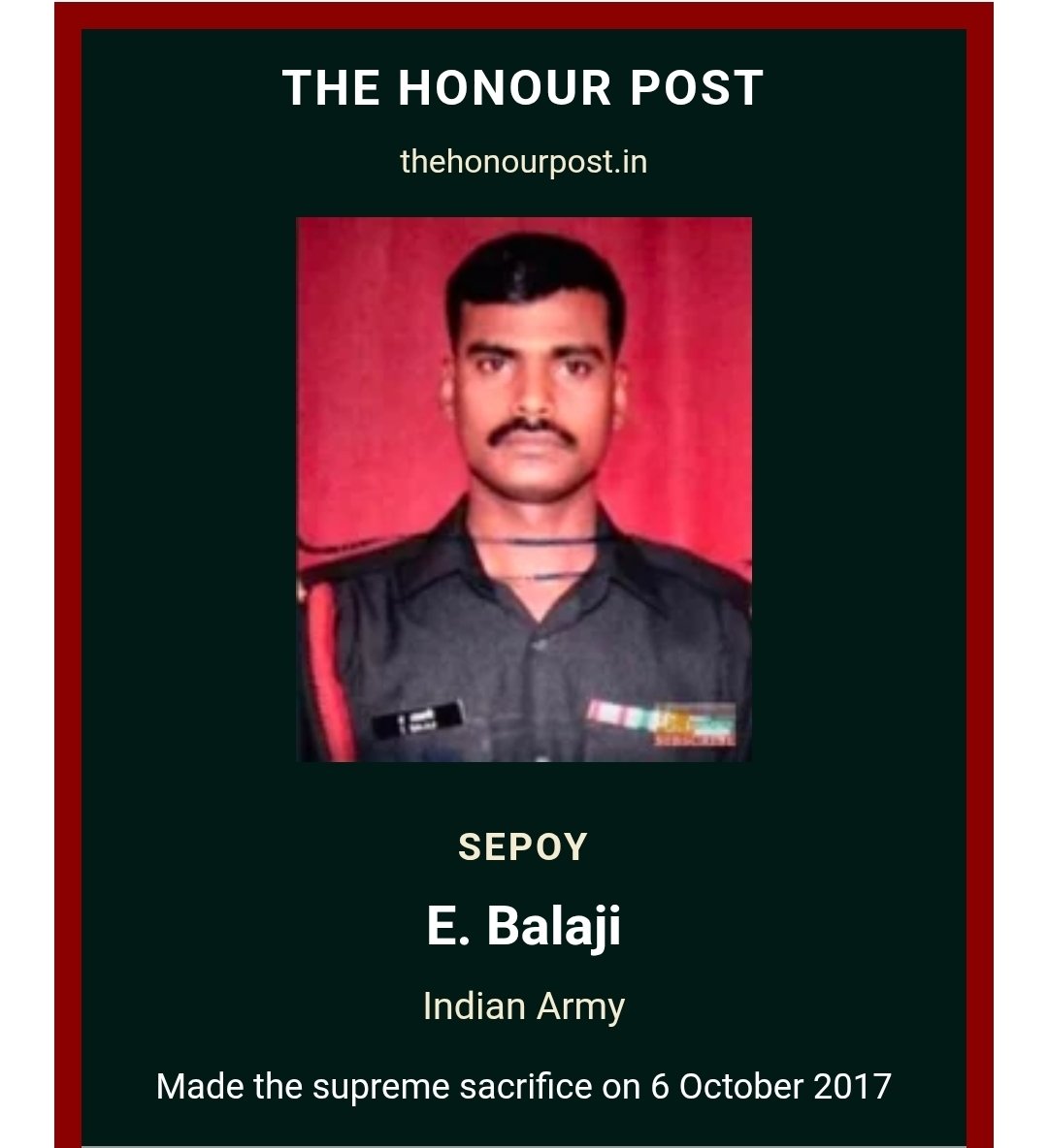 Thehonourpost's tweet photo. #knowyourheroes

The Braveheart of Indian Army

#Thisday
In 2017
Sepoy E. Balaji made the supreme sacrifice in the line of duty on 6 October 2017 at Near Tawang, Arunachal Pradesh.

#TheHonourPost

https://t.co/e2MrvEyblW https://t.co/hxFzW4S1yN