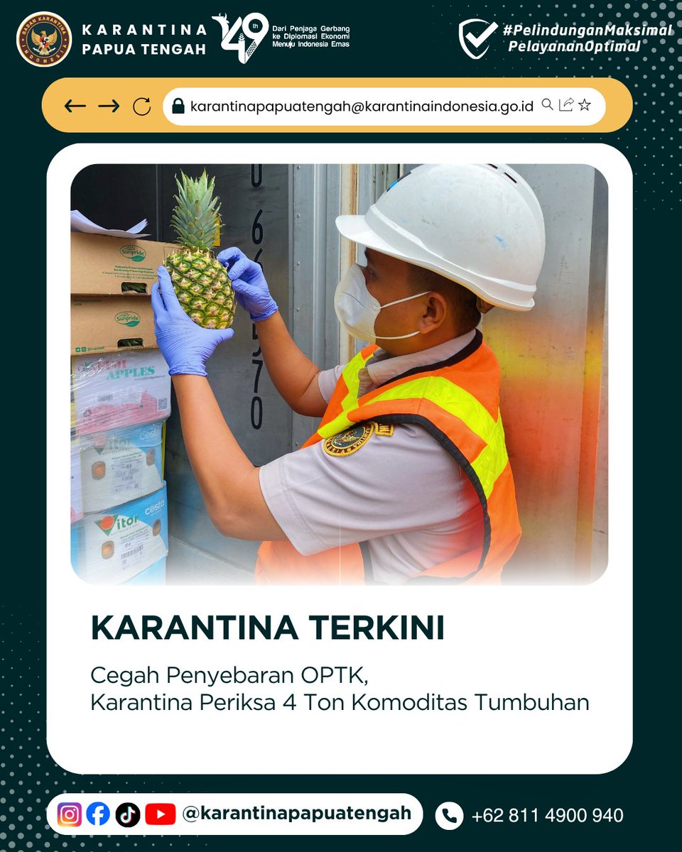 KarantinaPateng's tweet photo. Amolongo SobatQ 👋🏻

Rilis Karantina Papua Tengah, 06 Oktober 2026
Nomor : 109/BKHIT-PT/10/2026

Cegah Penyebaran OPTK, Karantina Periksa 4 Ton Komoditas Tumbuhan

Selengkapnya : https://t.co/c8OrZUFF9e

#karantinapapuatengah #karantinaindonesia https://t.co/EZbJwlf0q9