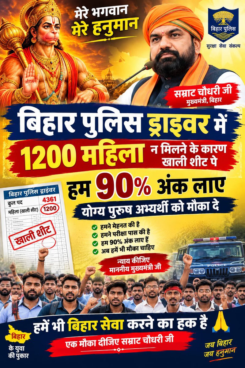 RajRaj166661's tweet photo. बिहार police driver 4361 में महिला candidates का जो seat vacant rah गया है वो उसी category के योग्य पुरुष candidates को मिलना चाहिए #biharpolicedriver4361 #biharpolicemahilasheet #csbc #vacantseatfill @officecmbihar @samrat4bjp @bihar_police @BiharCMQRT https://t.co/vzNMDiBd4W