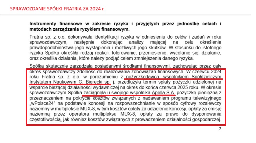BMikolajewska's tweet photo. @GiertychRoman 20 milionów pożyczono od spółki Apella, która jeszcze do niedawna należała do systemu SKOK (zajmowała się promocją Kas), a ostatnio została przejęta przez Fratrię. 
To dane ze sprawozdania Fratrii za 2024 r., więc w 2025 i 2026 r. mogło nastąpić dalsze zwiększenie zadłużenia.
1/2 https://t.co/2HDen1yCgX