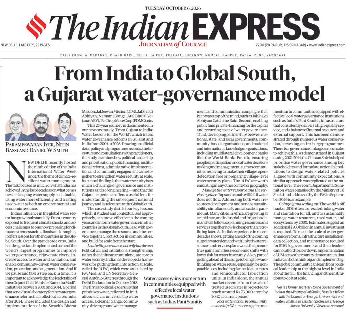 paramiyer_'s tweet photo. Our opeds in @IndianExpress and @Jansatta on water governance and leadership in Gujarat and India during 2001-2026 - spelled out in our case study ‘From Gujarat to India - Lessons for the World’ to be launched at @iimb_official tomorrow. Think big, deliver in mission mode is key. https://t.co/RmoeZI97zu