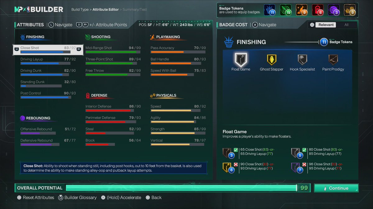 Ben_From_Maine's tweet photo. @Gillie2kstone @empeefive Need your honest opinions on the Speed/Agility setup on this 6’6”. 

Almost nothing can be touched or else the cap breakers get ruined. 

5 Mid to 99 (Legend Quick Trigger)
2 to Dunk for 89
2 to PerimD for 85
1 to Post for 93 (fade and spin)
3 to Strength to 93, 4 for 95. https://t.co/aRua4PTeRW