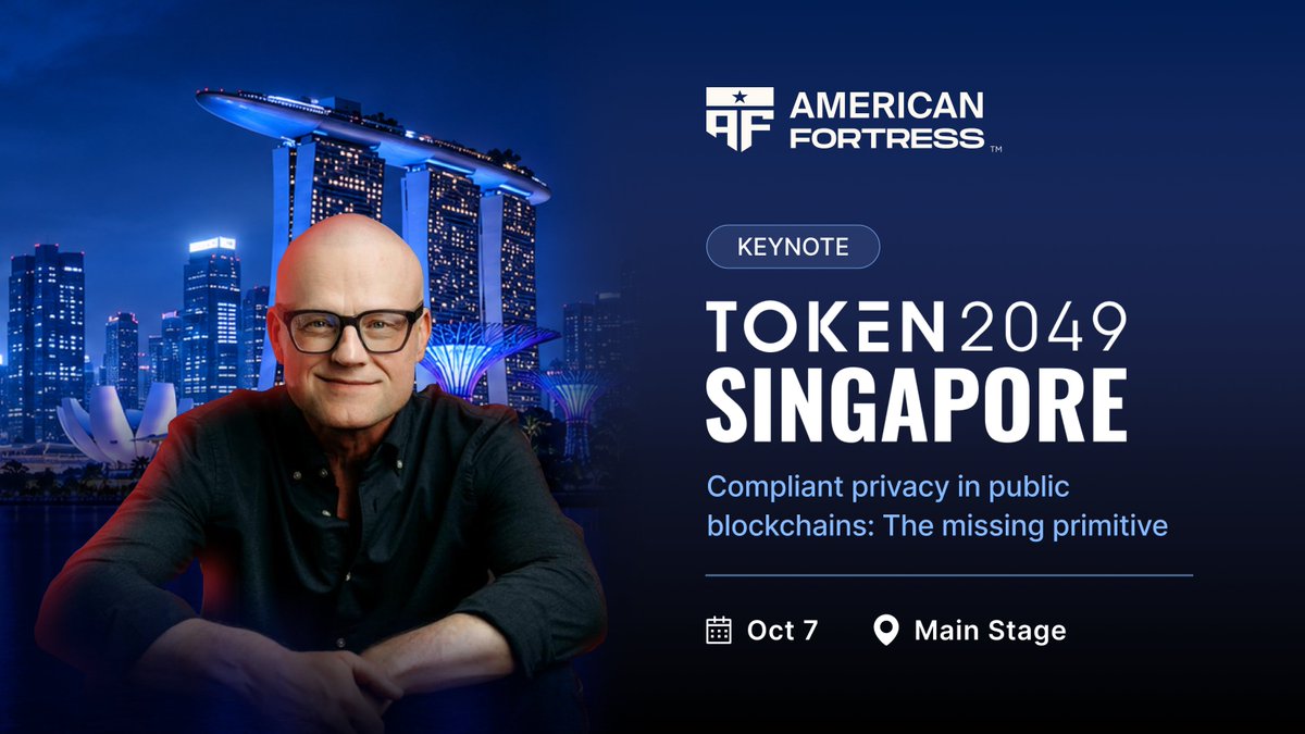 Americanfort_io's tweet photo. Compliant privacy on public blockchains isn't a feature, it's the missing primitive.

@MehowHacks takes the stage at @token2049 on Oct 7 to make the case: privacy and compliance aren't opposites, and the chains that prove it will carry the next wave of real-world adoption.

If you're in Singapore, come say hello. 

#TOKEN2049