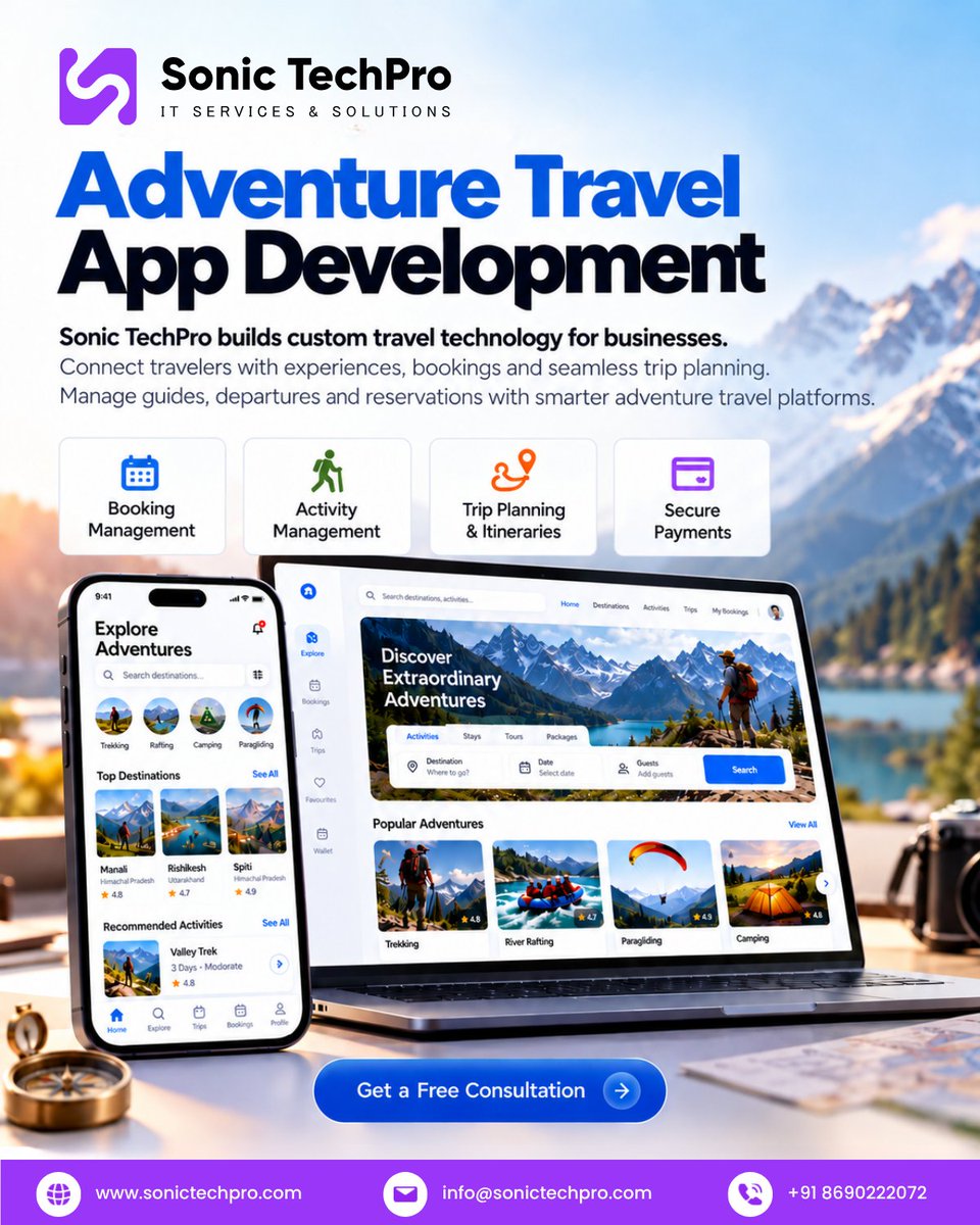 SonicTechPro's tweet photo. Turn adventure into a seamless digital experience with Sonic TechPro.

Build custom Adventure Tourism Apps with activity discovery, bookings, GPS navigation, personalized itineraries, real-time updates, and secure payments.

https://t.co/tOcD8vUEk2

#AdventureTourism #TravelTech https://t.co/i1DFjB39EB