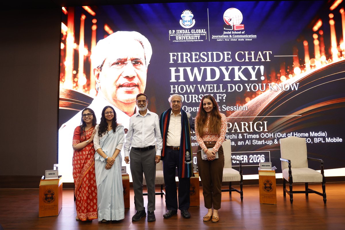 JindalGlobalUNI's tweet photo. We were honoured to host Mr. A.P. Parigi, Co-Founder, Radio Mirchi & Times OOH (Out of Home Media)
Chief Mentor of Absentia, an AI Start-up & Former CEO, BPL Mobile, at #JGU on 5th October, 2026, for an Open Session on “How Well Do You Know Yourself?” followed by an engaging Fireside Chat.
His lecture invited reflection on self-awareness and the importance of understanding ourselves.
@kishalay @jsjc_jgu @preethamparigi