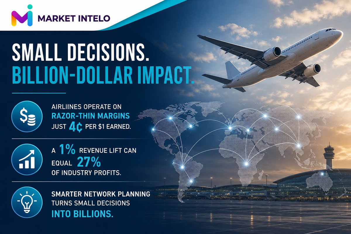 marketintelo's tweet photo. Airline network planning is becoming more data-driven, helping carriers optimize routes, capacity, schedules, and aircraft utilization while responding faster to changing travel demand. ✈️
Explore: https://t.co/qNpjwO5a2E
#Aviation #Airlines #TravelTech https://t.co/sT482A9O5R