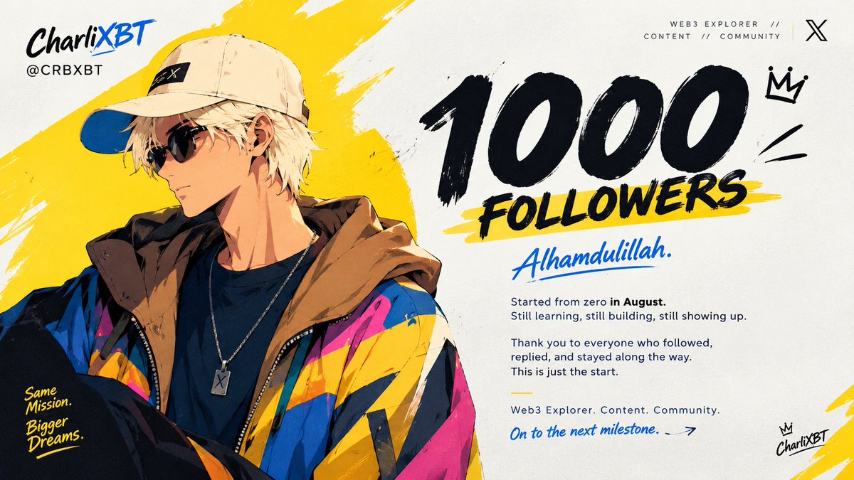 CRBXBT's tweet photo. Alhamdulillah. 1,000.

Started from zero in August. Still learning, still building, still showing up.

Thank you to everyone who followed, replied, and stayed. This is just the start.

Web3. Content. Community.
On to the next one. https://t.co/Cp2HVgVwLA