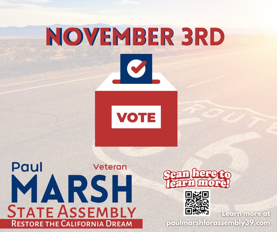 PaulMarshAD39's tweet photo. Ballots arrive this week! Don't forget to vote Paul Andre Marsh on November 3rd! #ad39 #californiadream #marsh4assembly #highdesert #antelopevalley #victorvalley #adelanto #lancaster #hesperia #palmdale #victorville https://t.co/9IpMHmBoWc
