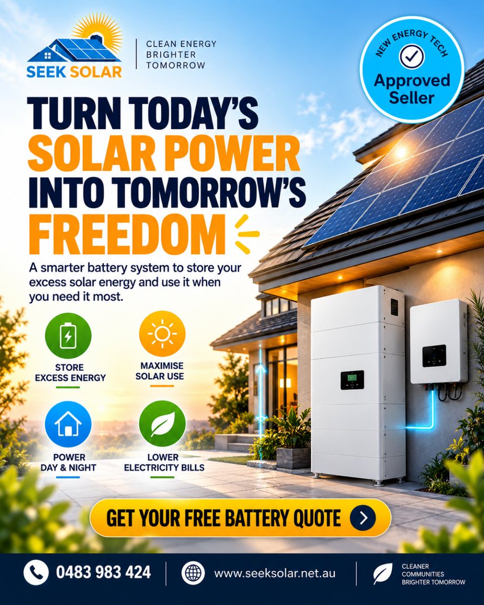 seek_solar's tweet photo. Turn today’s solar power into tomorrow’s freedom!
Store your excess solar and use it when you need it most.
🔋 Store excess energy
☀️ Maximise solar use
🏡 Power day &amp; night
💰 Work towards lower bills
📞 0483 983 424
🌐 https://t.co/eDvJz7liVd

#SeekSolar #SolarBattery https://t.co/CEGTE8VDqa