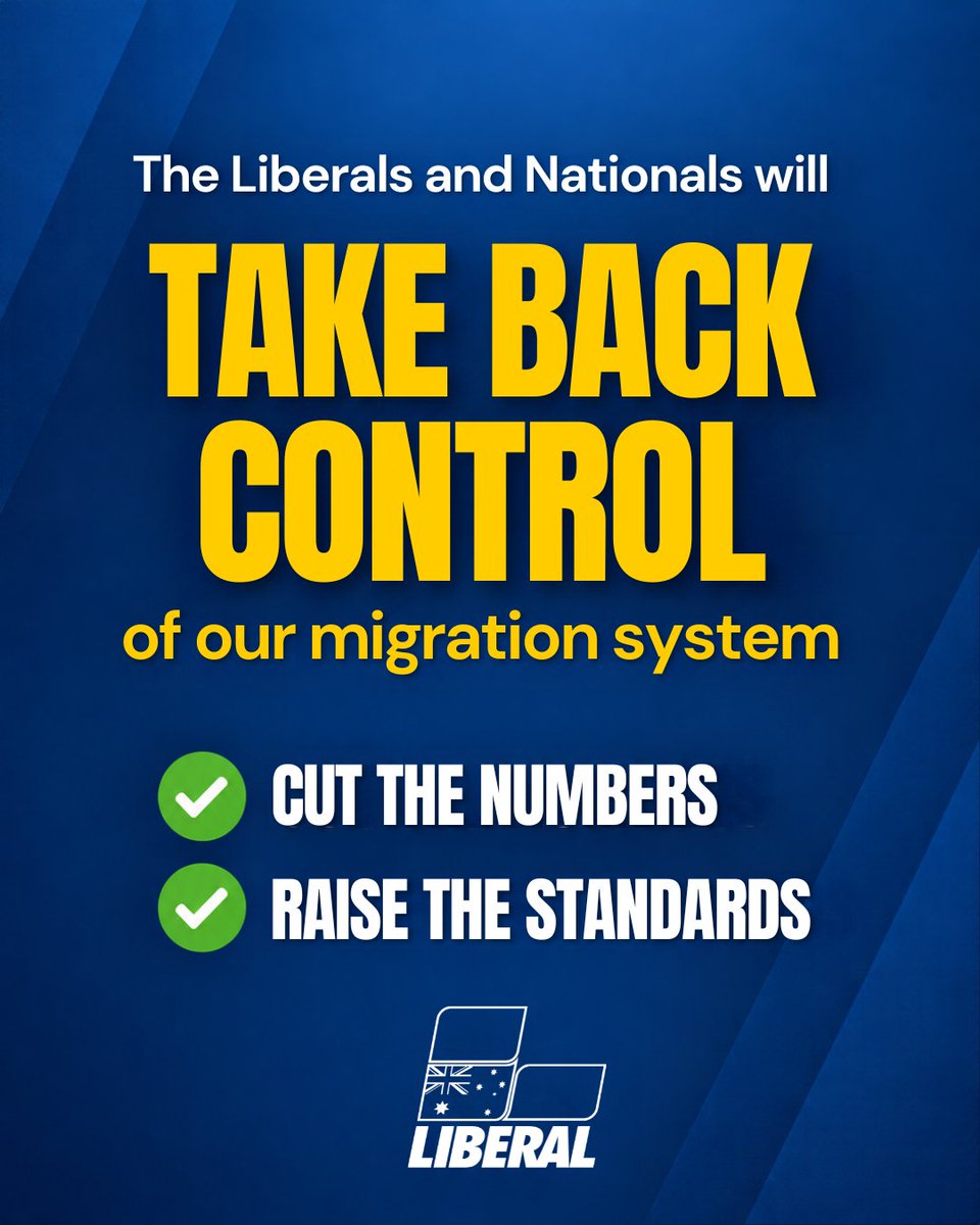 SenatorCash's tweet photo. The Liberals and Nationals will deliver the largest immigration cut in Australian history.

More homes for Australians, less pressure on frontline services.

Our priority is clear: put Australians first and protect our way of life.

Read Our Plan: https://t.co/2iRalYt4mt https://t.co/KNdvUS4Vhw