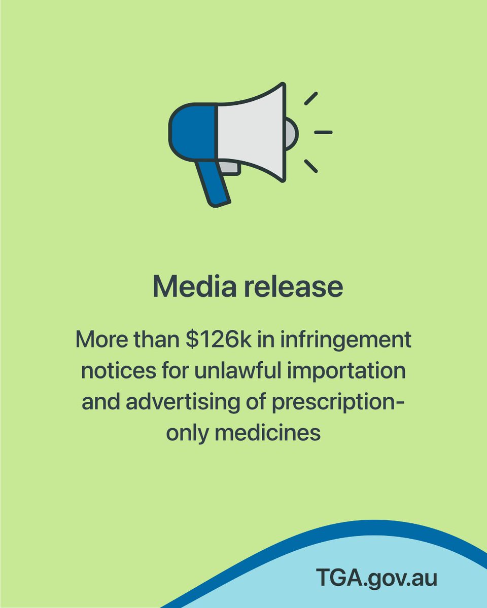 TGAgovau's tweet photo. 📢 We have issued 12 infringement notices totalling $126,720 to 2 companies and 5 individuals for alleged contraventions of the Therapeutic Goods Act 1989 📢

Read more: https://t.co/5b1AFNFf0i https://t.co/GyJH3hlRT6