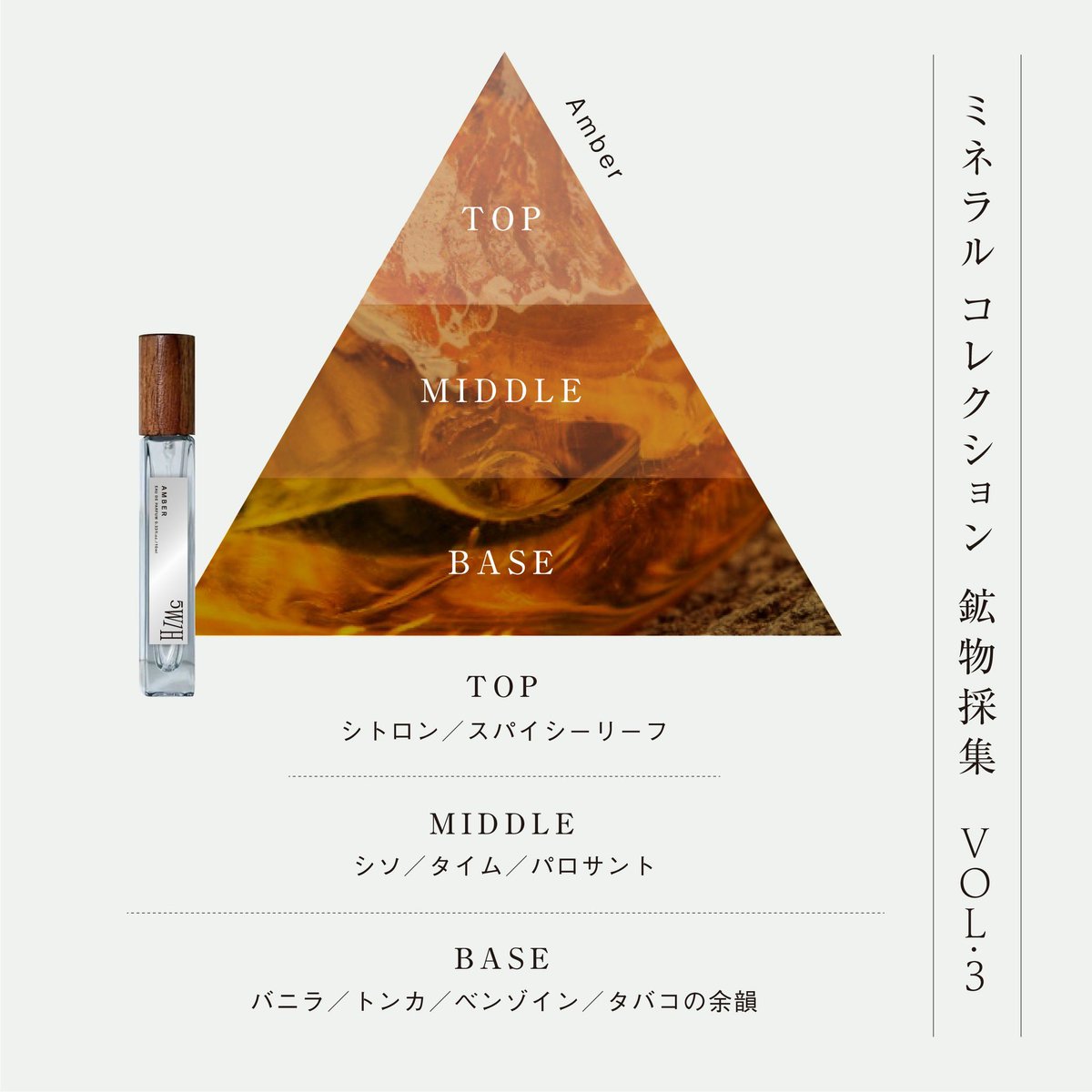 5w1h_fragrance's tweet photo. 「サロン ド パルファン 2026 」
ISETAN BEAUTY onlineで発売するスペシャル品の香りをご紹介

💎ミネラルコレクション 
鉱物採集 vol.3

・AMBER アンバー

鉱物の奥に眠る、琥珀色の記憶。

シトロンの澄んだ明るさに、スパイシーリーフの刺激が重なり、ひんやりとした光をまとって立ち上がる。

シソとタイムの青く清々しい香りに、
パロサントの乾いた木の気配が重なり、深く静かな森を思わせる奥行きへ。

バニラとトンカの柔らかな温もりが広がり、ベンゾインの甘い樹脂感とタバコのスモーキーな余韻が、肌の上にゆっくりと琥珀色の影を落とす。

甘いだけではない。
静かで、スモーキーで、どこか官能的。

まるで長い時間をかけて鉱物の中に閉じ込められた、ひとつの記憶のような香り。

香りのジャンル/エキゾチックウッディー

■EDP　各10mL×5本セット　
【価格】16,500円(税込)

香りのジャンル/ウッディーアロマティック

■EDP　各10mL×5本セット　
【価格】16,500円(税込)