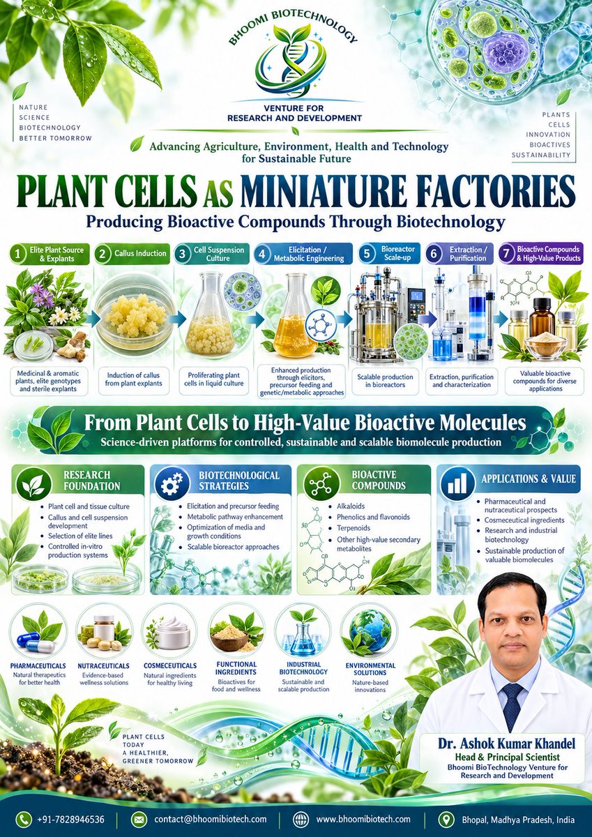 Dr_Khandel's tweet photo. π± Plant Cells as Miniature Factories
Plant biotechnology can transform selected plant cells into controlled production platforms for bioactive compounds.
#PlantBiotechnology #BioactiveCompounds #CellCulture #BhoomiBiotechnology https://t.co/LYjSKHHqjV