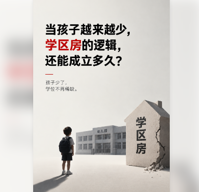 A graphic with Chinese text asking "当孩子越来越少，学区房的逻辑，还能成立多久？" alongside an illustration of a child looking at a school building and a cracked house labeled "学区房".