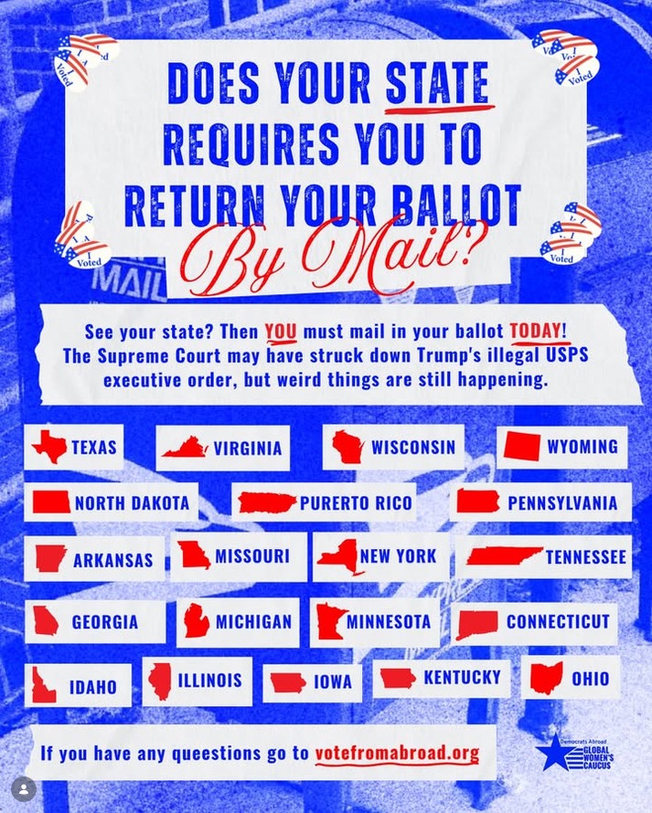 DemsAbroadGBC's tweet photo. If your state requires you to mail in your ballot, do not wait! Go to https://t.co/OeRn6UiFIE and request your ballot today! #democratsabroad #votefromabroad #bluewave https://t.co/5HJtXcmoPT
