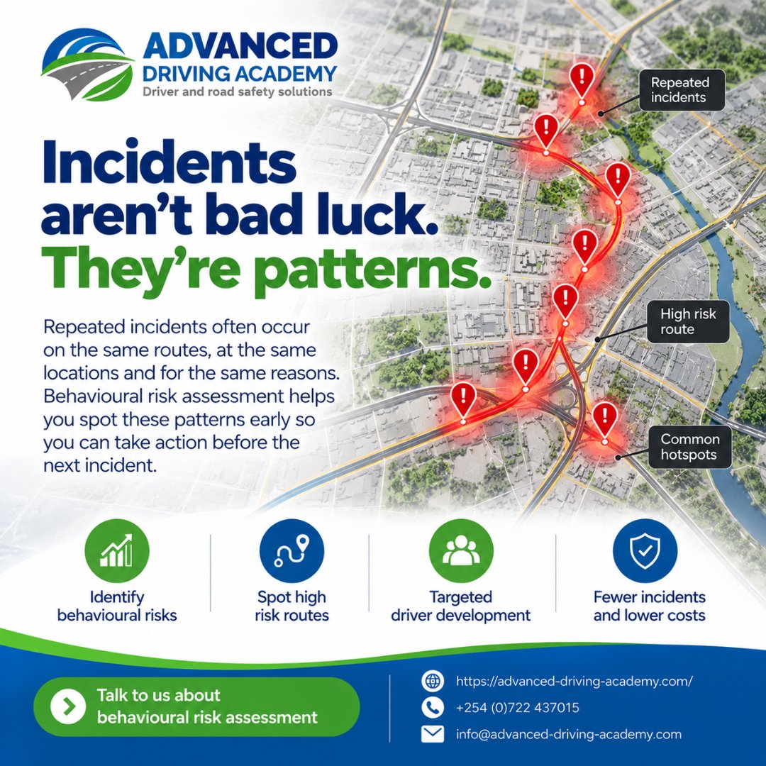 adaafricax's tweet photo. Incidents aren't bad luck. They're patterns. Same routes, same hotspots, same reasons. Behavioural risk assessment helps you spot them early and act before the next one.
#FleetSafety #RiskAssessment #RoadSafetyKenya https://t.co/GlMOummIbi