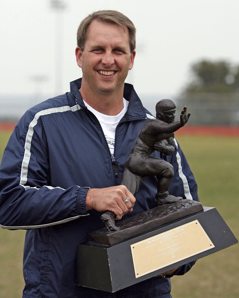 DaveMcCannTV's tweet photo. When Ty Detmer made his BYU debut at Wyoming on Sept. 1, 1988, he threw four interceptions and was sacked five times in a 24-14 defeat. As a freshman with big plans and even bigger expectations,           Detmer sat dejected in the locker room. Edwards walked up to his young quarterback and rubbed his head, messed up his hair and said, “It’s all right. We’re gonna be OK.”
    Three years later, Detmer won the Heisman Trophy and finished his BYU career as the program’s all-time leader in passing yards (15,031) and touchdowns (121). 👉 https://t.co/5EOVEipf3N