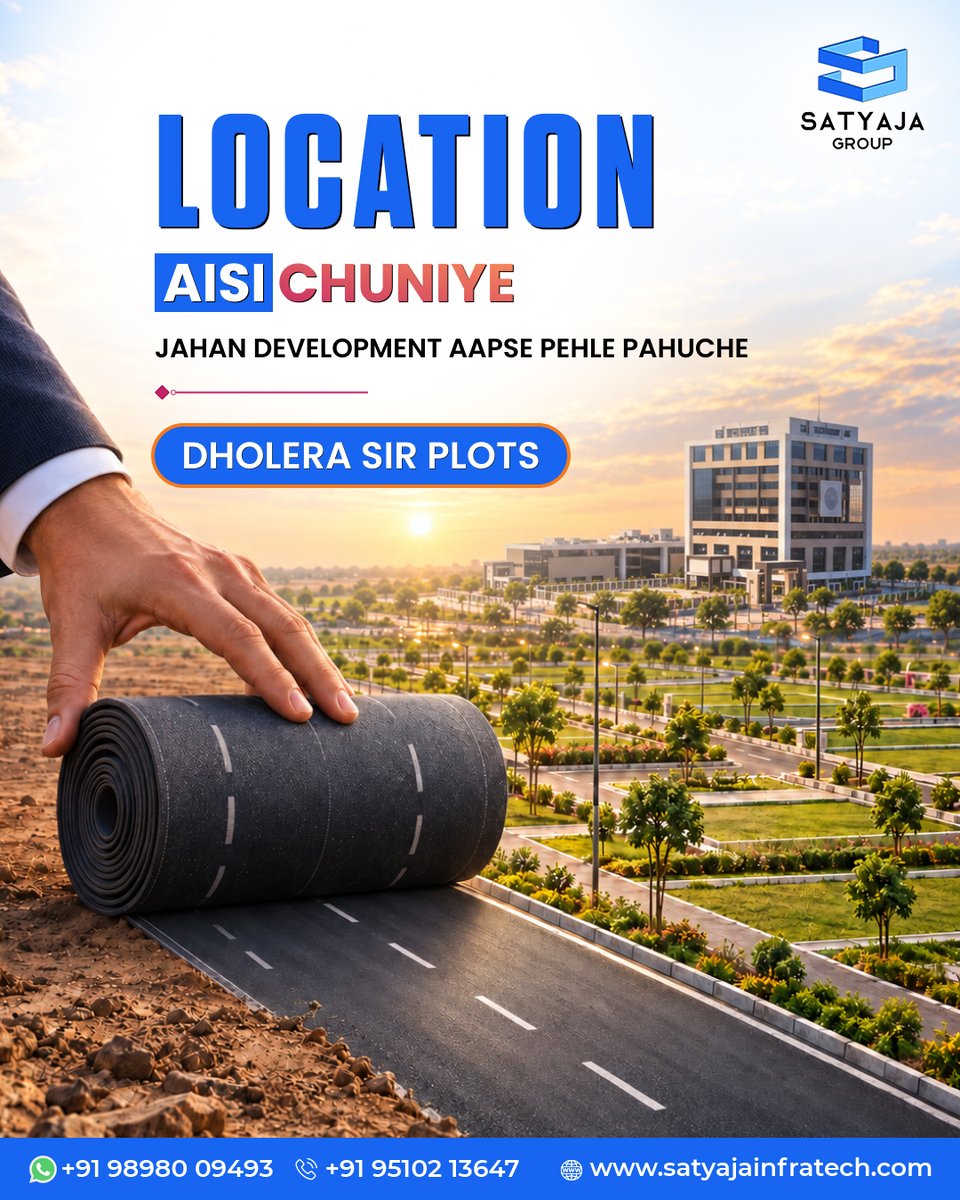 satyaja_group's tweet photo. Development aapse pehle pahuche - yahi hai smart investment ka raaz. 

Dholera SIR Plots - where the road to the future is already being laid.

Book your plot now : https://t.co/TzS8U41w2G

#dholeraSIR #satyajagroup #dholerasmartcity #futureinvestment #realestateindia2026 https://t.co/6joOZmbkqP