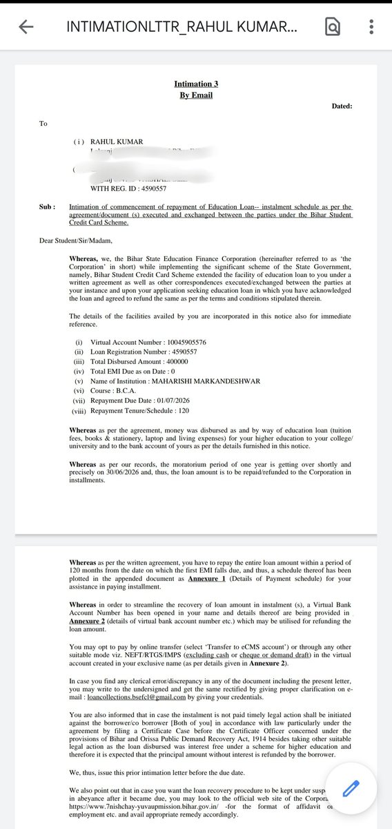 Rahullibraz's tweet photo. मेरी BSCC Loan (Reg No 4590557) में गंभीर विसंगति है। पहले जारी Intimation में ₹4 लाख लोन को ब्याज-मुक्त और 120 माह में चुकाने की जानकारी दी गई थी, जबकि बाद में Demand Notice में 4% ब्याज, 84 माह और ₹10,666 EMI दिखाई गई। पोर्टल पर भी अलग EMI/Outstanding दिख रहा है। @BiharCMQRT https://t.co/Gk62sdg6la