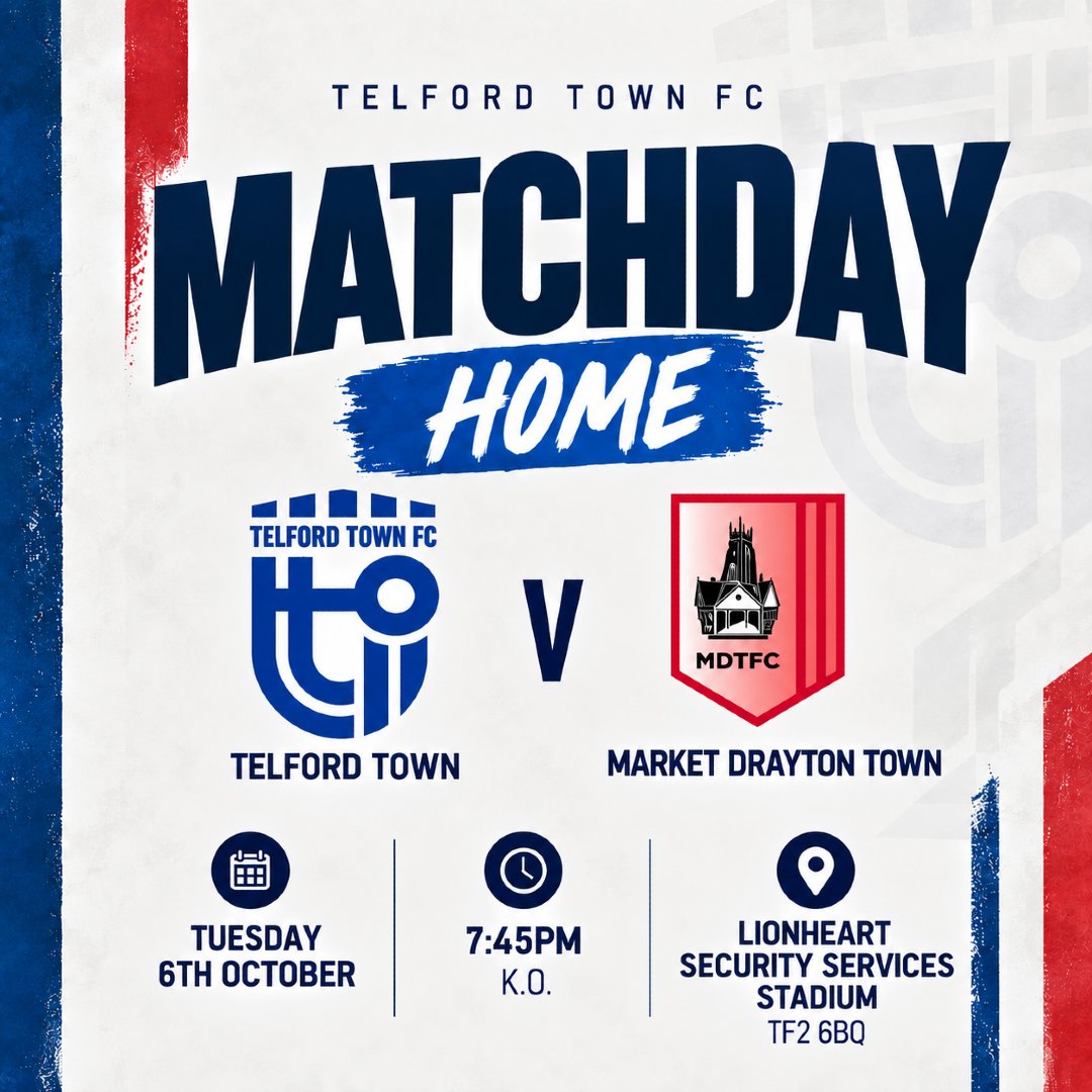 TelfordTownFC's tweet photo. π΅ MATCHDAY π΅
TONIGHT we take on Market Drayton Town back on home soil.
π
Tuesday 6th October
β° 7.45pm KO
π Lionheart Security Services Stadium, Telford, TF2 6BQ
Come on Town! ππ€β€οΈ
#TelfordTown #TelfordTownFC #Matchday #UpTheTown #TheAms https://t.co/6BvreLVpgd