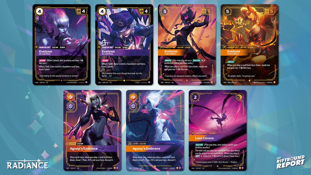 RiftboundReport's tweet photo. Torment your opponent by hiding and drawing cards with Agony's Embrace!

Evelynn will be joining Riftbound as a new Legend in Radiance! 👿

What are your thoughts on Evelynn's Legend, Champion Units &amp; Signature Spell?

#RBRadiance https://t.co/vZLhmxQtxT