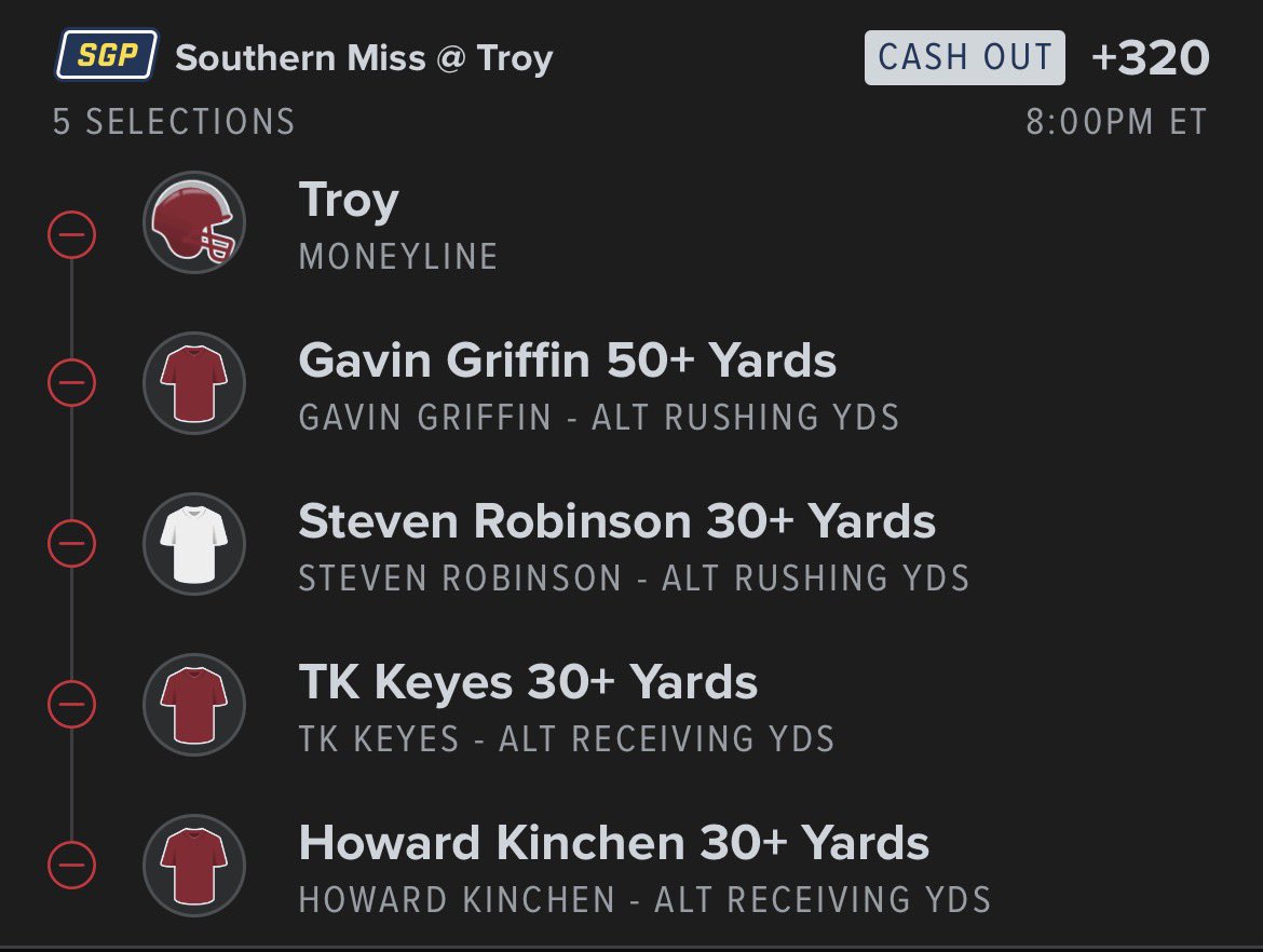 LangBetz's tweet photo. Southern Mississippi/Troy:

Troy ML, Griffin 50 rush yards, Steven Robinson 30 rush yards, Keyes 30 rec yards, Kinchen 30 rec yards

#whatsyawager @WhatsYaWager @BovadaOfficial https://t.co/w4w06XYqha