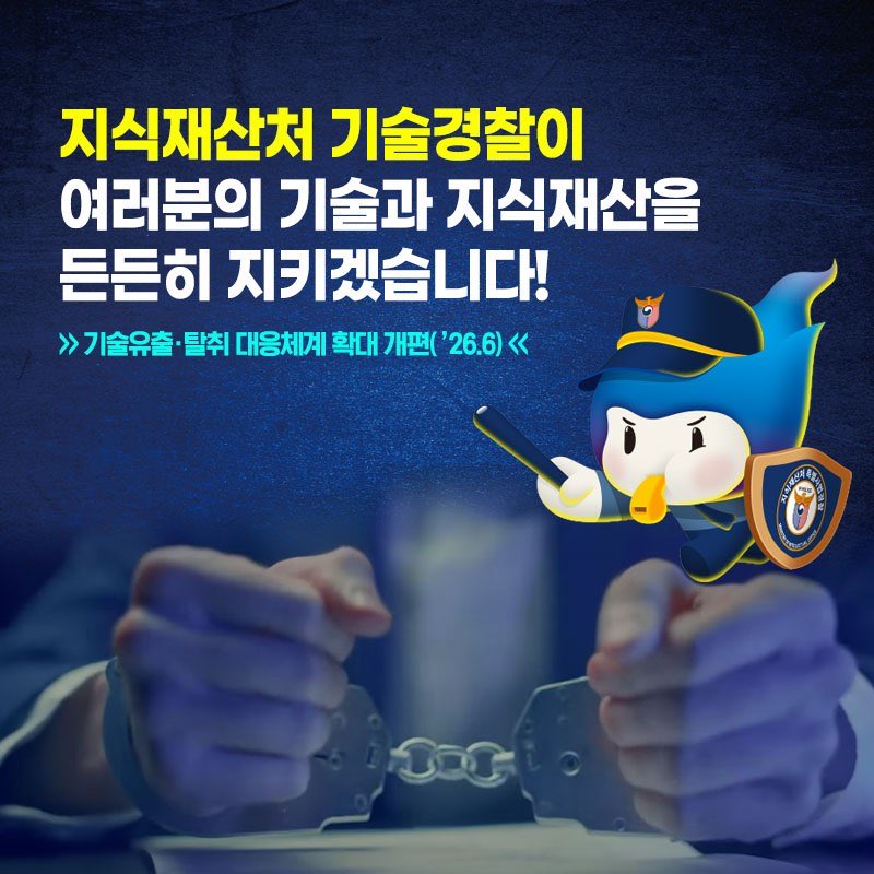 iprkhan's tweet photo. < 지식재산처 기술경찰이 여러분의 기술과 지식재산을 든든히 지키겠습니다! >

최근 기술유출과 관련된 언론 보도가 잇따르고 있습니다. 기술패권 경쟁이 갈수록 치열해지면서 좋은 기술을 만드는 것만큼, 어렵게 개발한 기술을 지키는 일도 중요하다는 사회적 공감대가 커지고 있음을 보여주는 것이라 생각합니다.

기술유출 대응을 책임지고 있는 지식재산처의 수장으로서 저 역시 그 책임을 무겁게 느끼고 있습니다. 특히 기술유출의 대상이 반도체·이차전지 등 국가핵심 산업기술은 물론 함선·잠수함 등 방위산업 분야로까지 확대되고, 유출 수법도 갈수록 교묘해지고 있습니다.

지식재산처는 지식재산 총괄 기능과 기술 전문성을 바탕으로, 2024년 4월 방첩기관으로 지정된 이후 우리 기술을 지키기 위한 대응 역량을 꾸준히 강화해 왔습니다.

지난 6월에는 기술유출·탈취 대응체계를 기존 1개 과에서 4개 과로 확대하고, 관련 인력도 27명에서 61명으로 늘렸습니다. 제도 마련부터 사전 위험분석과 대응전략 수립, 실제 기술유출 사건 수사까지 한 번에 대응할 수 있는 기반도 갖췄습니다.

혹시 지금 기술유출이나 기술탈취 문제로 고민하고 계신가요? 혼자 고민하지 마시고 지식재산처 기술경찰(1666-6464)로 바로 연락해 주세요. 여러분이 어렵게 개발한 소중한 기술을 지킬 수 있도록 지식재산처가 든든한 방패가 되겠습니다.^^

#지식재산처 #MOIP #김용선처장 #기술경찰 #기술유출 #기술패권경쟁 #방첩기관 #1666-6464