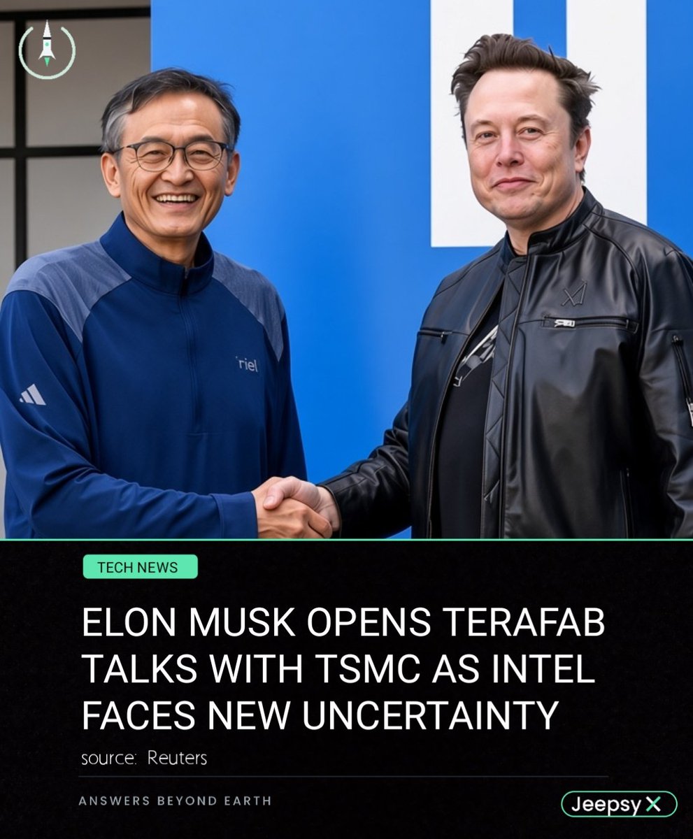 Jeepsy_Corps's tweet photo. Elon Musk has confirmed that his massive Terafab semiconductor project in Texas is in discussions with Taiwan Semiconductor Manufacturing Co. (TSMC), potentially bringing one of the world’s largest chipmakers into the venture. 

#ElonMusk #Tesla #SpaceX #JeepsyX https://t.co/9ISJVR3swh