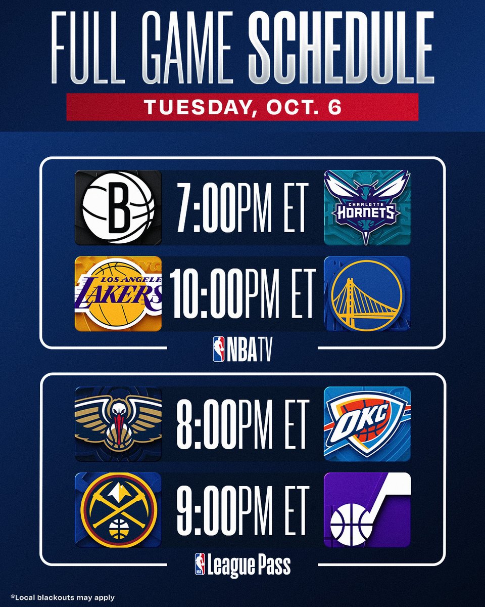 A LOADED 4-GAME TUESDAY NBA PRESEASON SLATE!

🏀 Nets battle the new-look Hornets in Charlotte
🏀 Pelicans & Thunder clash in Oklahoma City
🏀 Denver & Utah fac