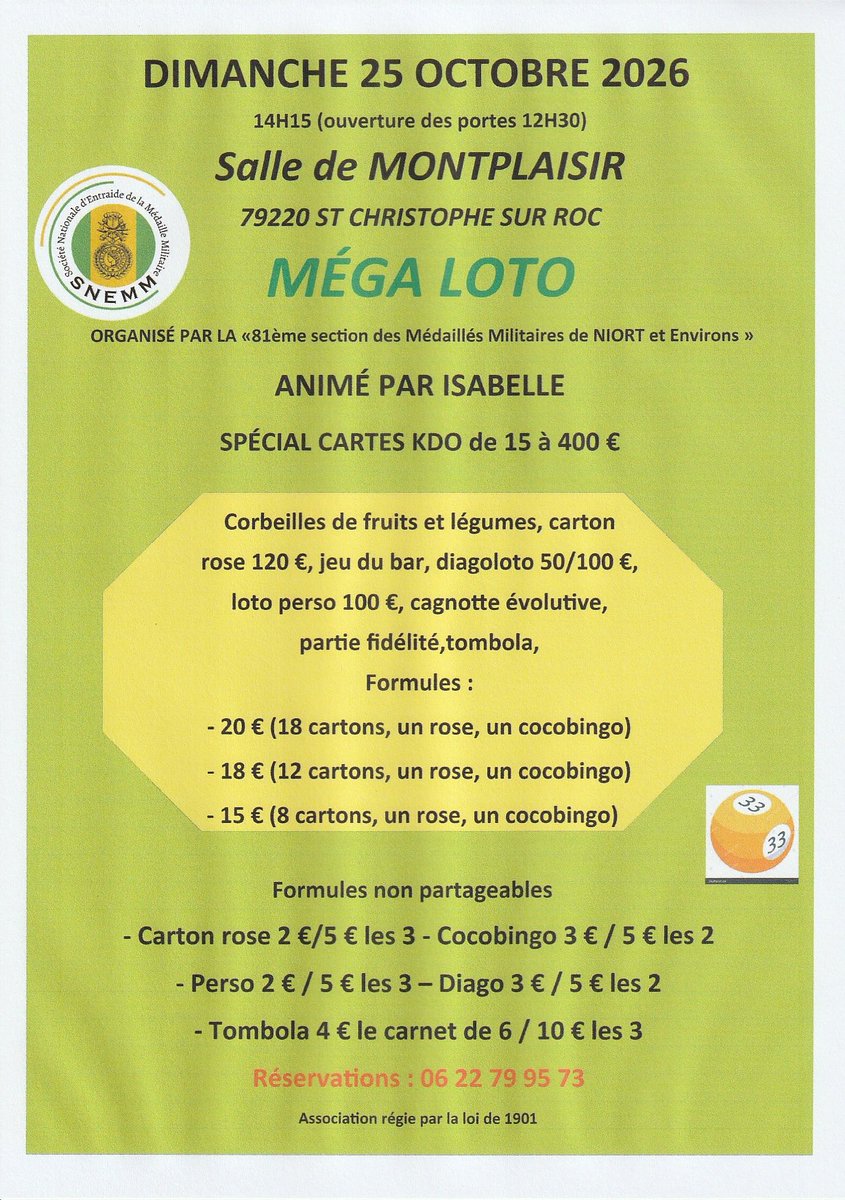 886s_mm's tweet photo. LA 81 section de Niort et les environs
organise un méga loto
le dimanche 25 octobre
à la salle de Montplaisir, 79220 Saint-Christophe-sur-Roc. https://t.co/f8QeAwmdM0
