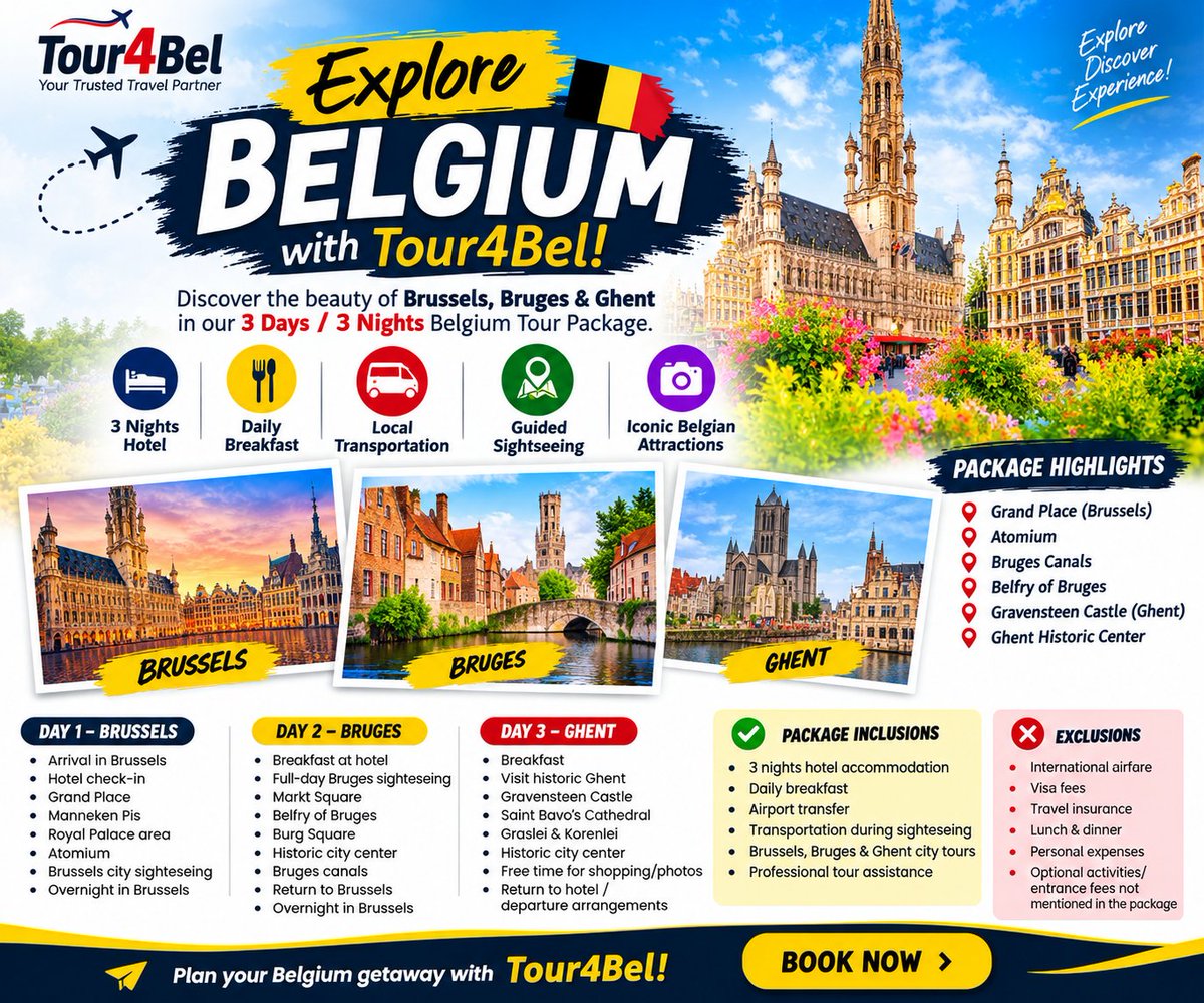 Abdullah2007OK's tweet photo. ✈️ Your Trusted Travel Partner | 🌍 Explore Europe with Tour4Bel | 🇧🇪 Belgium Tours | 🏨 Tour Packages | 🗺️ Travel Experiences | 📩 Plan Your Journey With Us
#Tour4Bel #BelgiumTours #VisitBelgium #EuropeTravel #TravelEurope #TourPackages https://t.co/hHEDz71y6Z