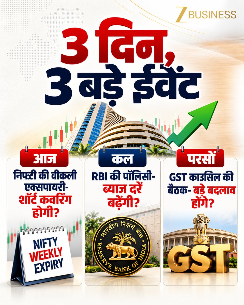 ZeeBusiness's tweet photo. 3 दिन, 3 बड़े ईवेंट
- आज निफ्टी की वीकली एक्सपायरी- शॉर्ट कवरिंग होगी?
- कल RBI की पॉलिसी- ब्याज दरें बढ़ेंगी
- परसों GST काउसिंल की बैठक- बड़े बदलाव होंगे?
#WeeklyExpiry #ShortCovering #Nifty #RBIPolicy #MonetaryPolicy https://t.co/PTV3g46OPm