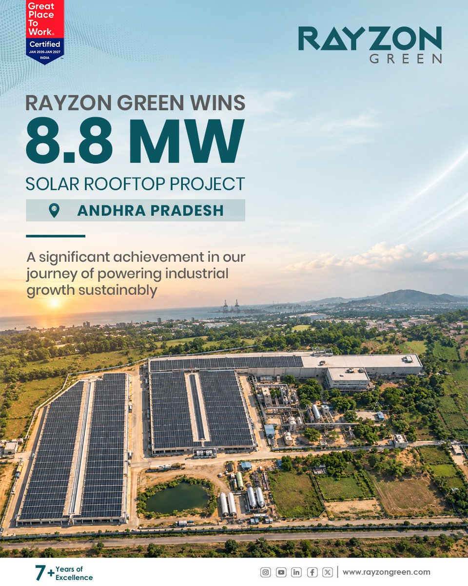 rayzon_green's tweet photo. One more step toward a cleaner, smarter energy future.
Rayzon Green has achieved another major milestone with an 8.8 MWp solar rooftop project in state of Andhra Pradesh.

#rayzongreen #solarepc #solarrooftop #renewableenergy #industrialsolar #sunstainablefuture https://t.co/dnLKUyWM8r