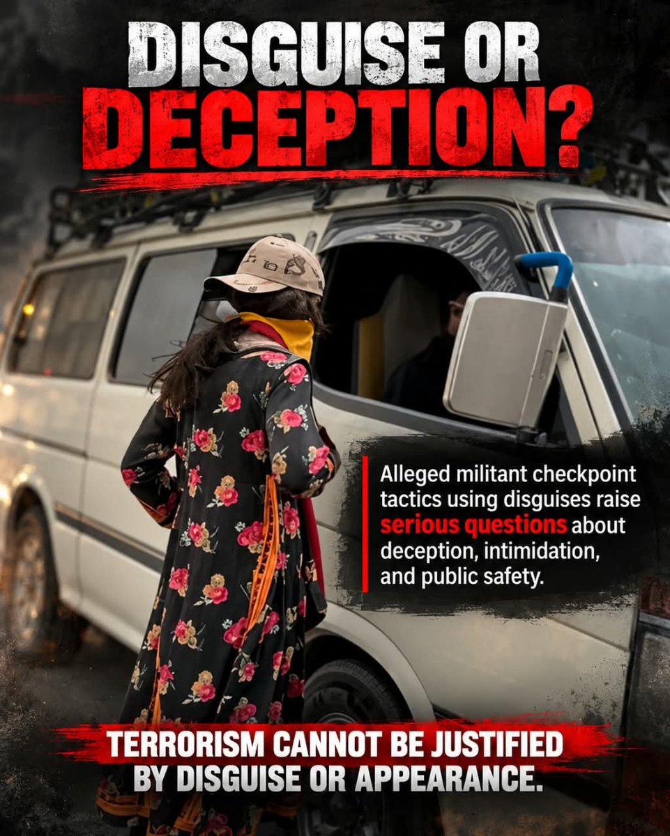 AQumbarni88299's tweet photo. Reports of militants using women’s clothing and wigs as disguises at checkpoints show the deceptive tactics used to intimidate civilians. Disguises cannot hide the reality of violence.
#Balochistan #CounterTerrorism #PublicSafety #RejectViolence https://t.co/UX3FM2WSgJ