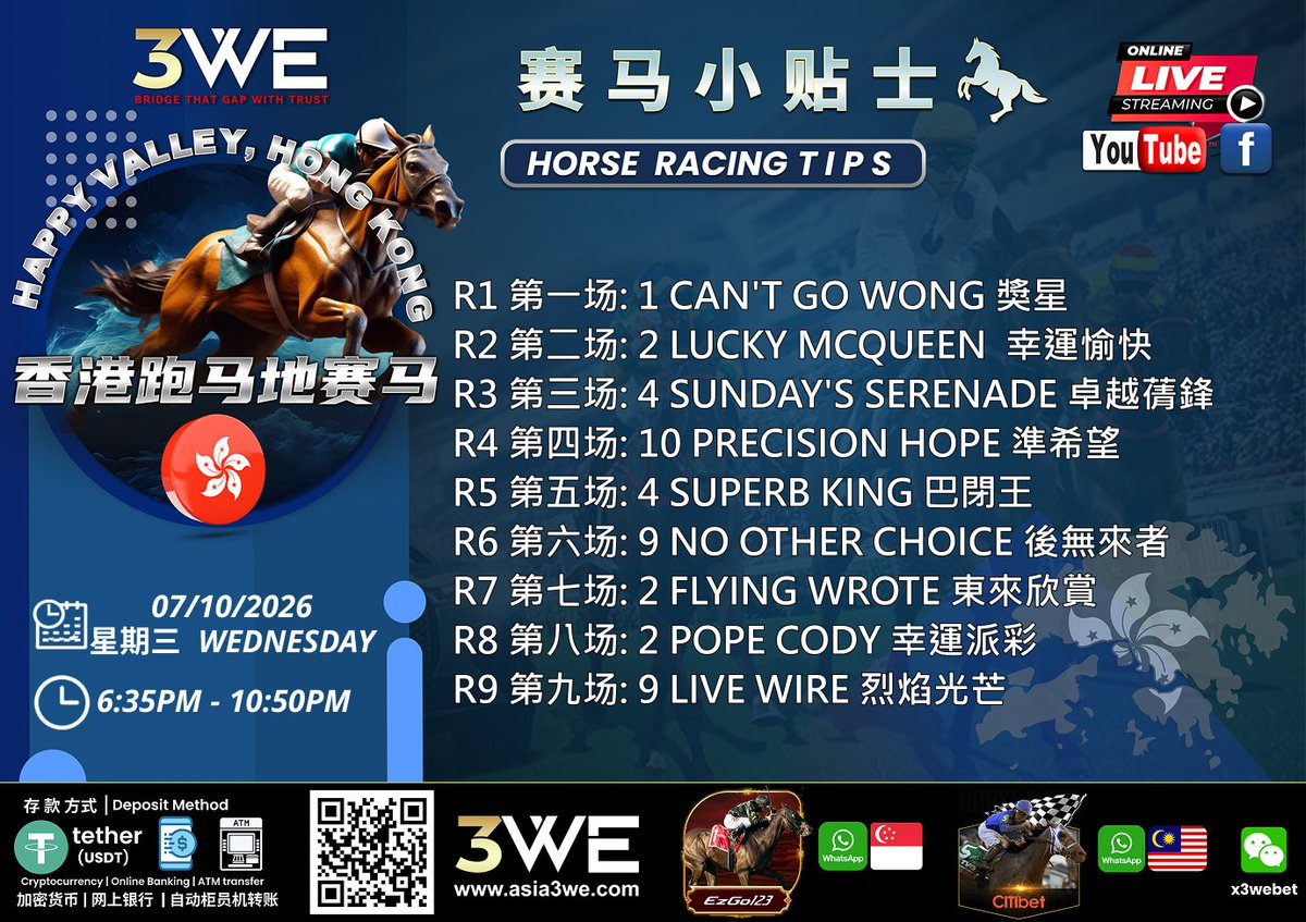 3wehorse1's tweet photo. 07/10 3WE HORSE RACING SCHEDULE🏇

赛马户口请联系24小时客服
立即注册 | 我们接受加密货币存款
Whatsapp🇸🇬: https://t.co/cRZsJCD97Y
Whatsapp🇲🇾: https://t.co/Jbeyze9B3l https://t.co/4eWbrPpCjt