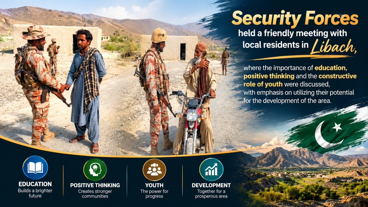 Javed6599's tweet photo. Friendly Meeting in Libach
Security Forces met local residents in Libach to discuss education, positive thinking and the constructive role of youth, emphasizing their potential to contribute to local development.
#Libach #Youth #Education #CommunityEngagement https://t.co/cMxxBOAXZ1