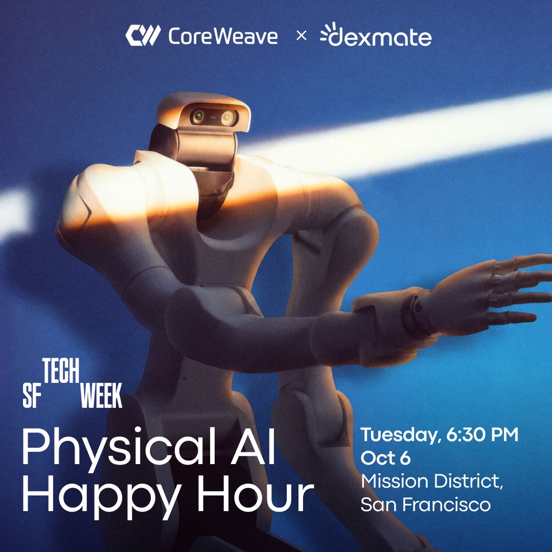DexmateAI's tweet photo. We’re teaming up with @CoreWeave for the Physical AI Happy Hour during SF Tech Week tomorrow night.

Come meet the CoreWeave Physical AI team, connect with the robotics community, see what we’re building at Dexmate, and get a custom cap made live by our robot. 

📍 Mission District, San Francisco
🔗 RSVP: https://t.co/kwn8pQBl8A

See you there!

#Dexmate #CoreWeave #PhysicalAI #Robotics #SFTechWeek