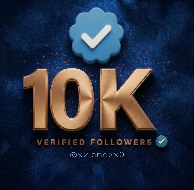 A dark blue graphic celebrating '10K VERIFIED FOLLOWERS' for the handle '@xxlenaxx0', featuring large golden 3D text and a blue verification checkmark badge.